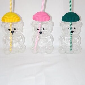 Cute Bear-Shaped Party Drink Bottles with Yellow, Pink, and Green Lids
